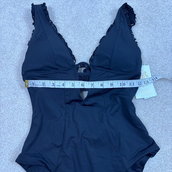 BECCA by Rebecca Virtue Frills Plunge Black Lace Trim V Neck One Piece Sz S NWT - Picture 8 of 9